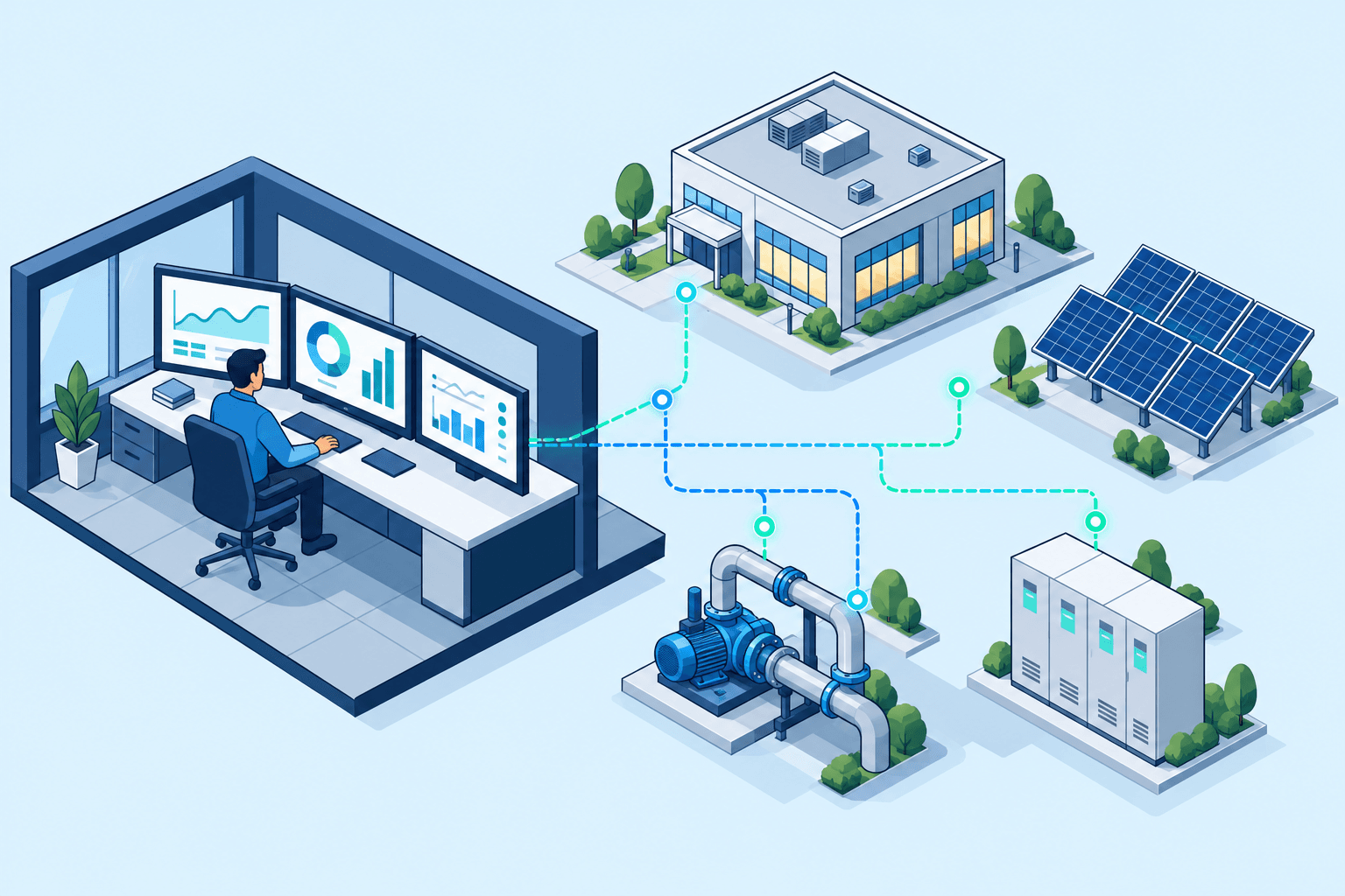 Conceptual illustration of EMS: an operator exchanges information with buildings, pumps, solar panels and a battery to coordinate energy operation.