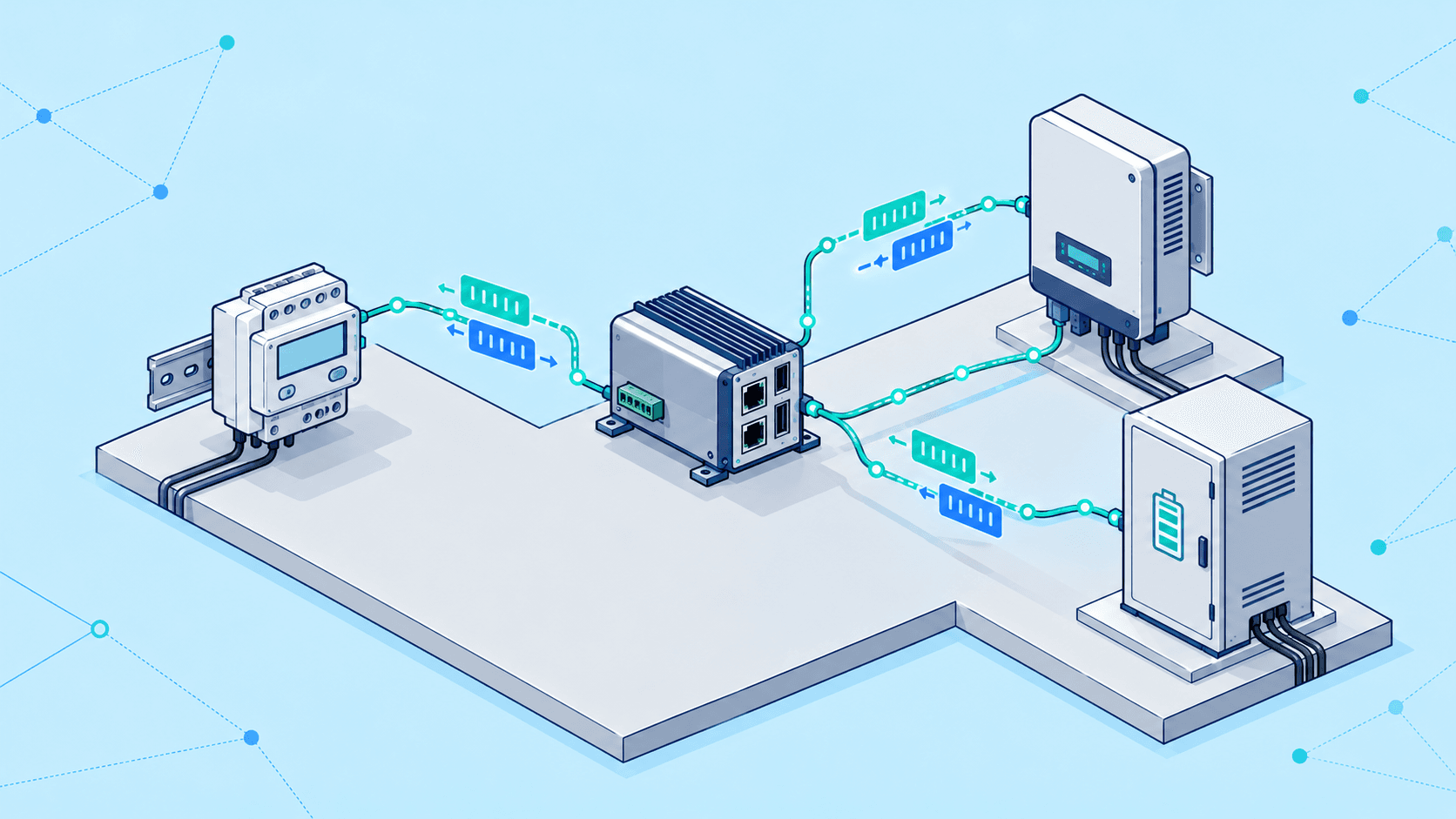 Modbus 概念封面:能源管理器通过数据连接与电表、逆变器及电池控制柜交换信息。 / Modbus concept illustration: an energy manager exchanges data with a meter, inverter and battery control cabinet.