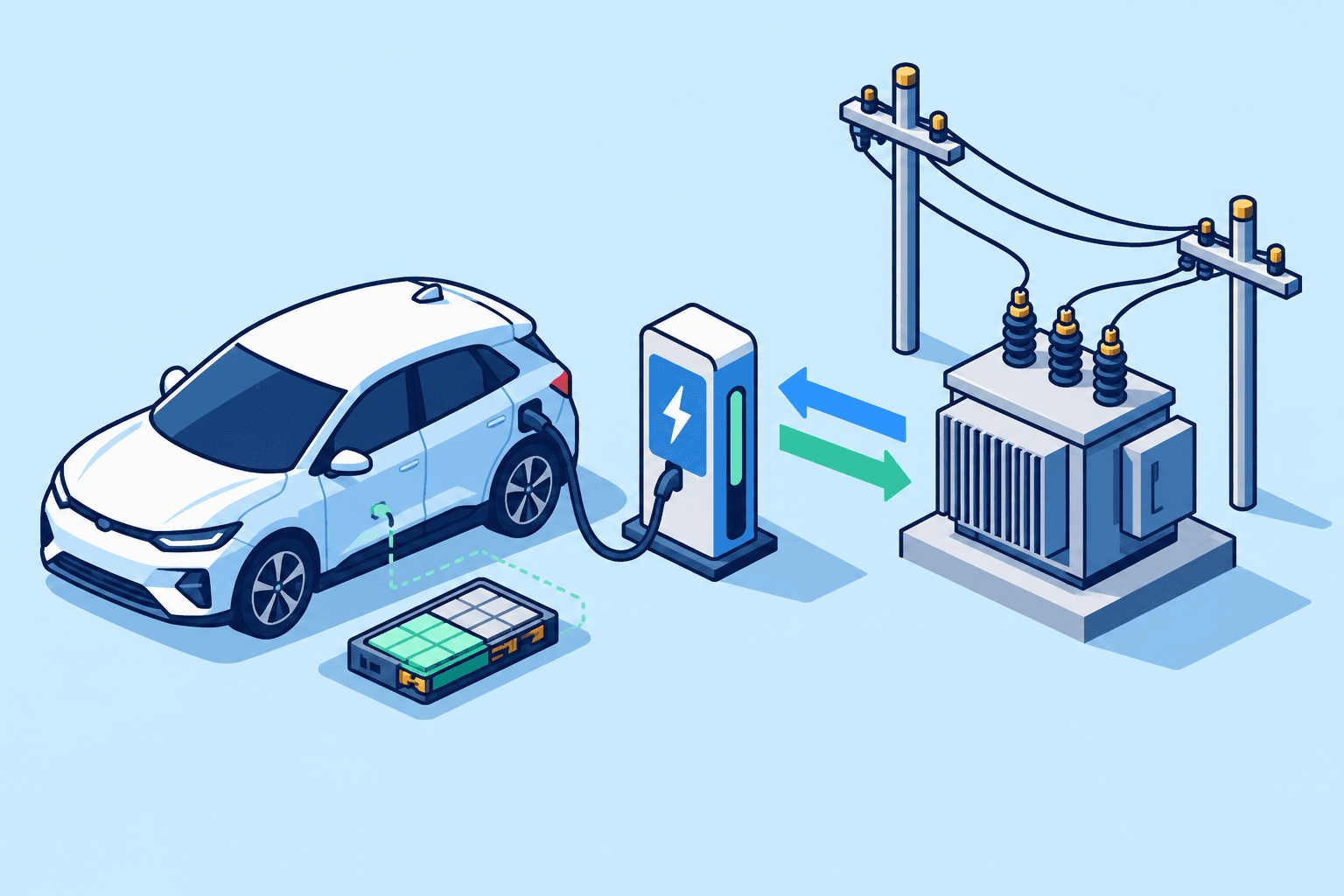 V2G:电动车通过双向充电设备与电网交换电能。 An electric vehicle exchanges electricity with the grid through bidirectional charging equipment.