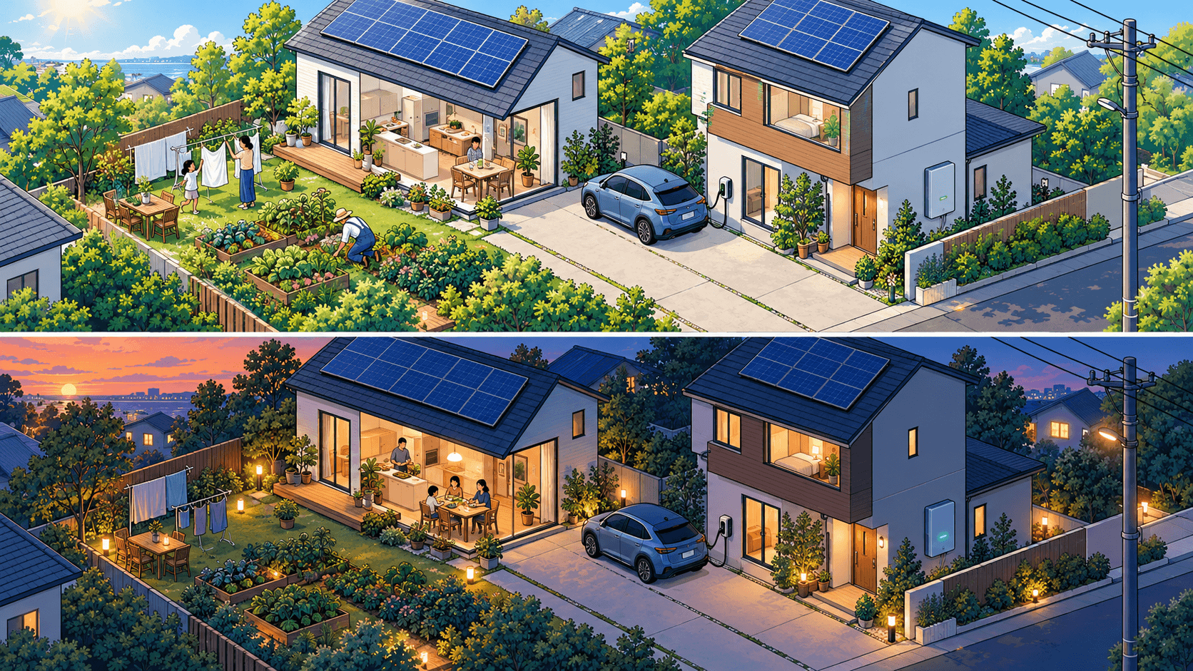 同一住宅庭院的日间与傍晚:日间有人晾衣和园艺,屋顶有光伏、车辆接入充电;傍晚家人烹饪用餐,车辆仍停放,墙上设有能源设备。