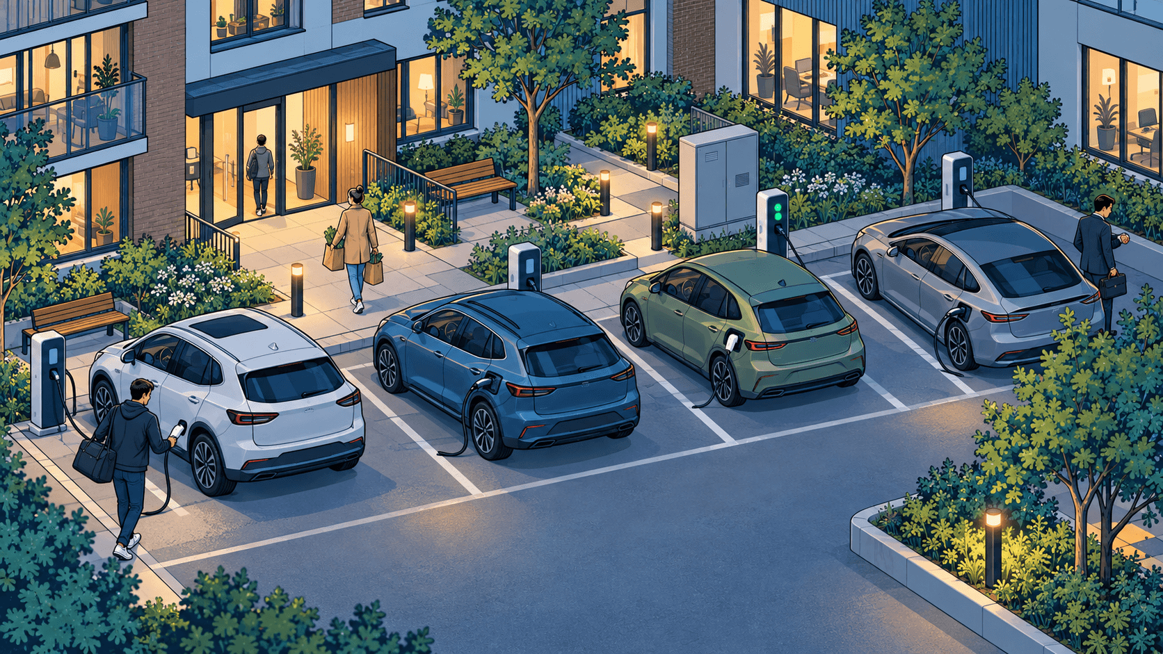 住宅停车场中的多辆电动汽车:一位车主手持充电枪准备连接,一位住户提着购物袋回家,另一位通勤者拿着公文包查看手表,车辆补能与离开需求各不相同。